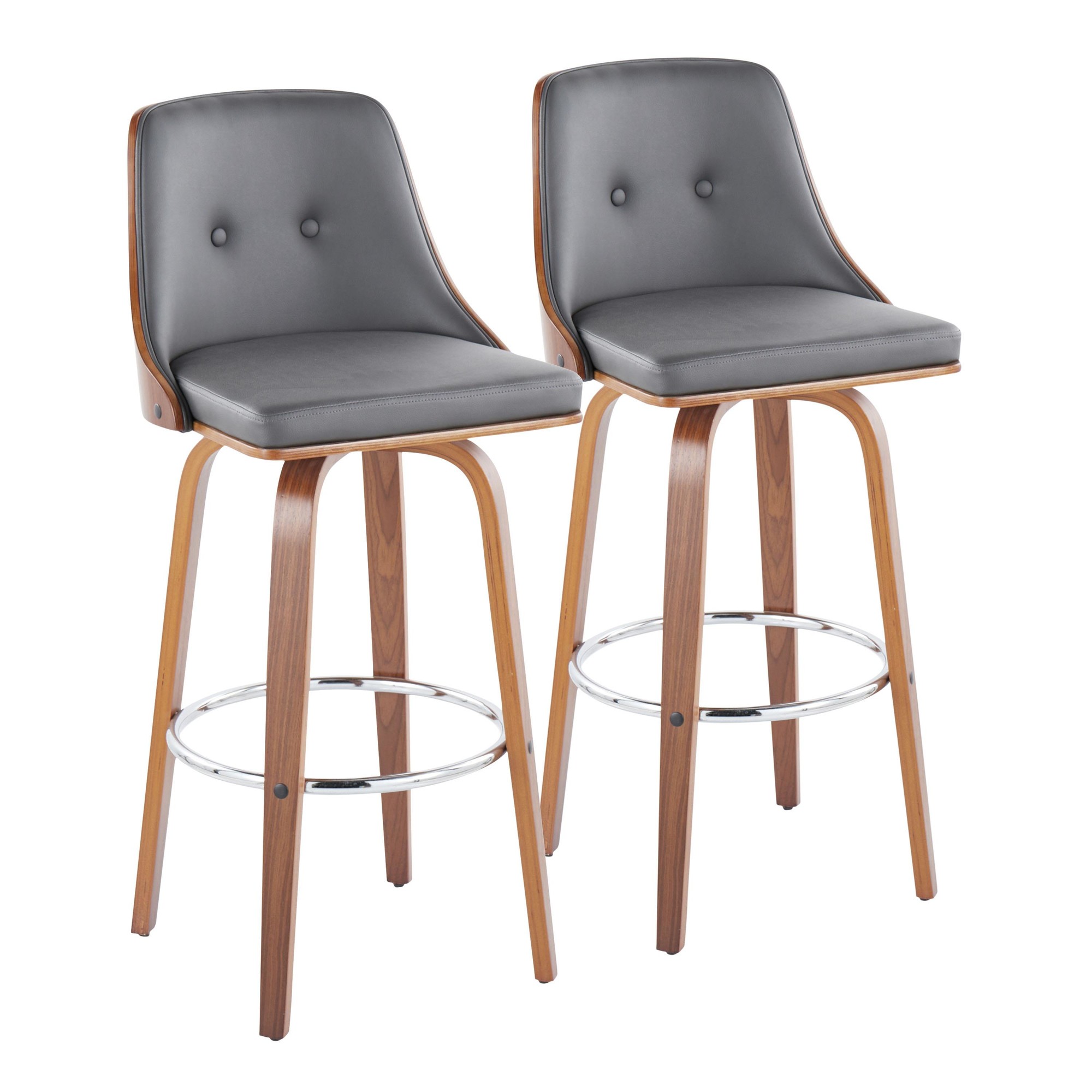 Gianna Walnut and Grey Faux Leather Swivel Barstools (Set of 2) 2 Gianna Walnut and Grey Faux Leather Swivel Barstools (Set of 2) - Image 2