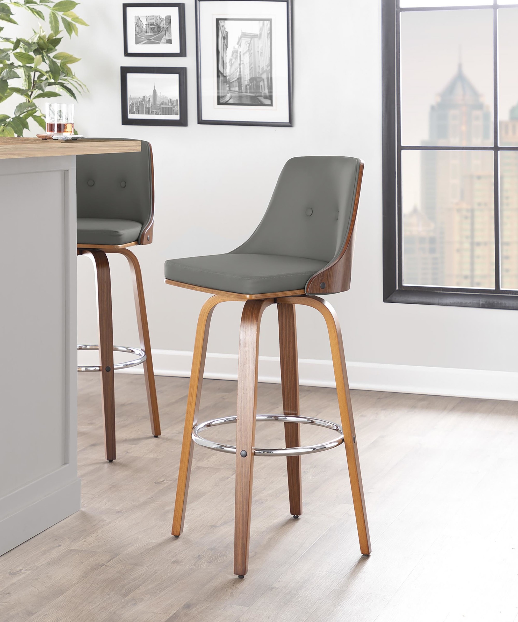 Gianna Walnut and Grey Faux Leather Swivel Barstools (Set of 2) 1 Gianna Walnut and Grey Faux Leather Swivel Barstools (Set of 2)