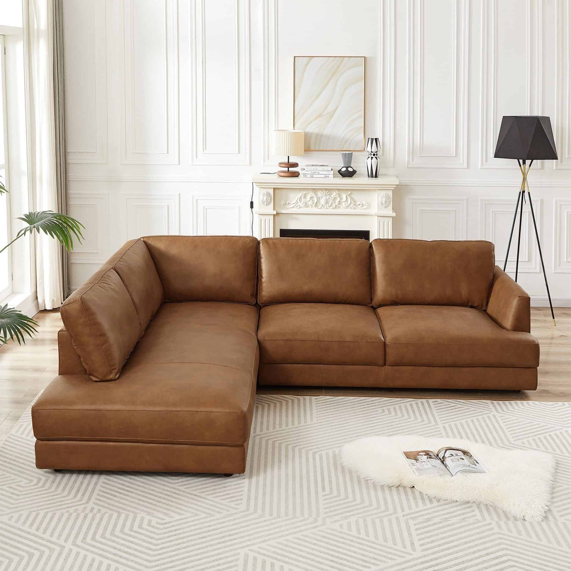 Cognac Leather Pillow Back Left Facing Sectional Sofa 2 Cognac Leather Pillow Back Left Facing Sectional Sofa - Image 2