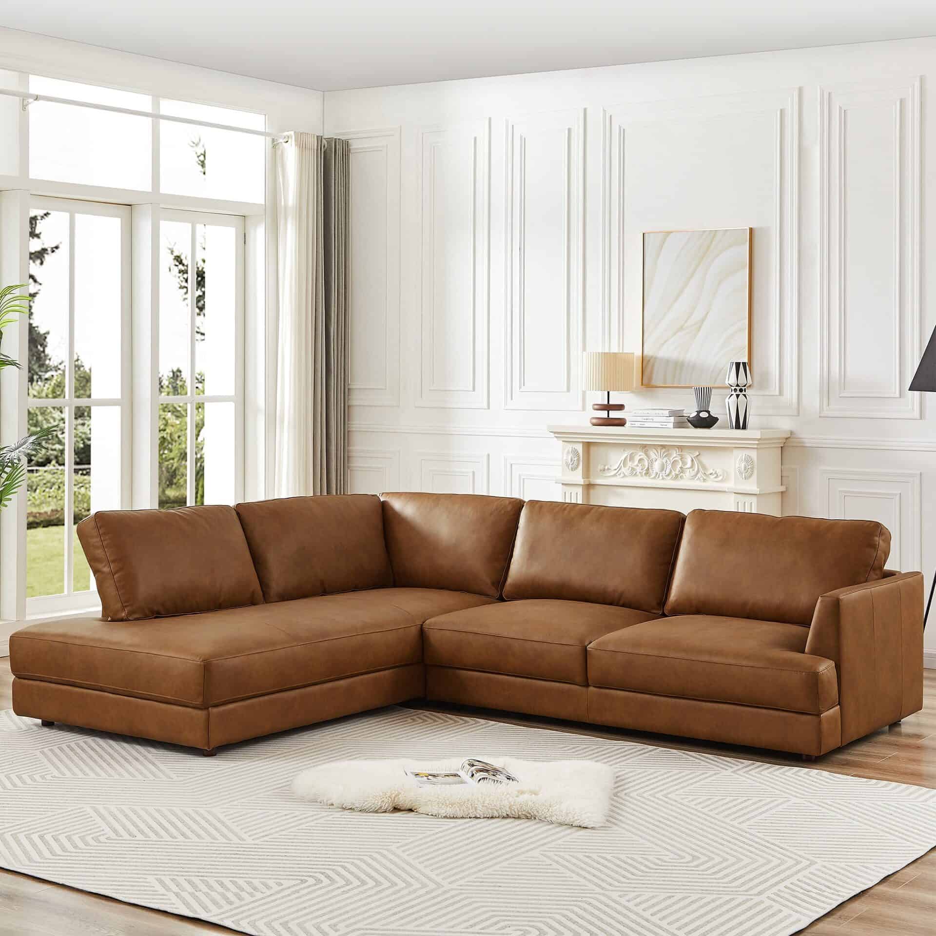 Cognac Leather Pillow Back Left Facing Sectional Sofa 3 Cognac Leather Pillow Back Left Facing Sectional Sofa - Image 3