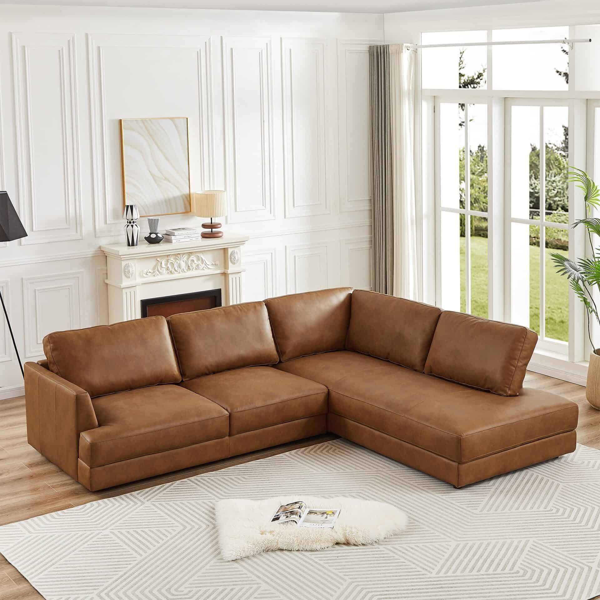 Cognac Leather Pillow Back Right Facing Sectional Sofa 1 Cognac Leather Pillow Back Right Facing Sectional Sofa