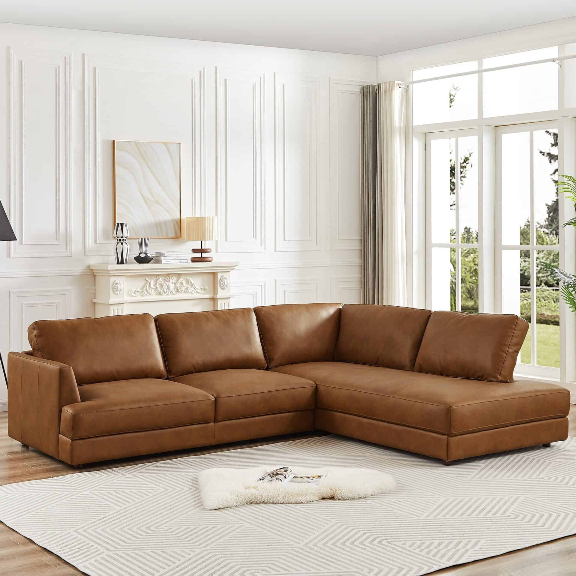 Cognac Leather Pillow Back Right Facing Sectional Sofa 2 Cognac Leather Pillow Back Right Facing Sectional Sofa - Image 2