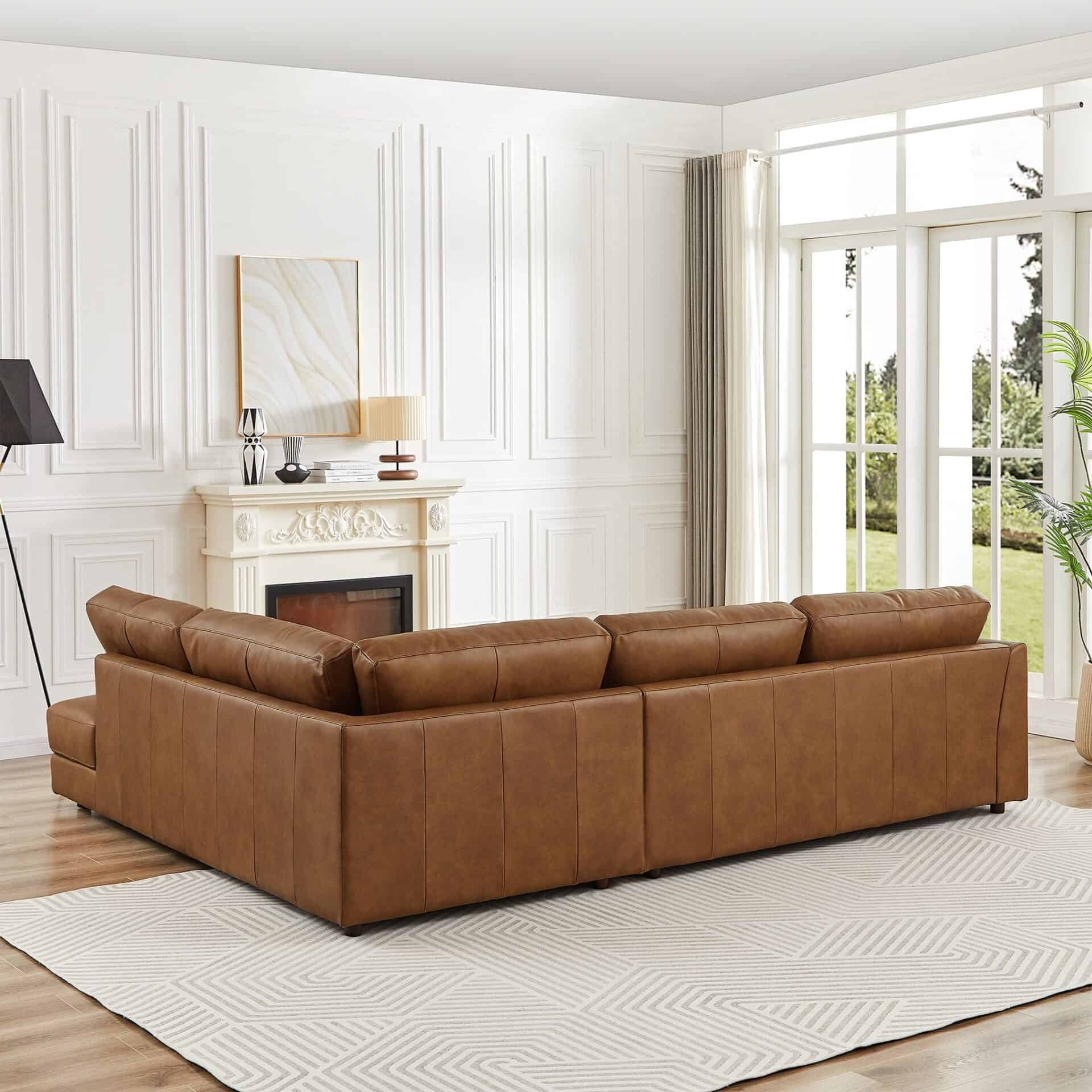 Cognac Leather Pillow Back Right Facing Sectional Sofa 3 Cognac Leather Pillow Back Right Facing Sectional Sofa - Image 3