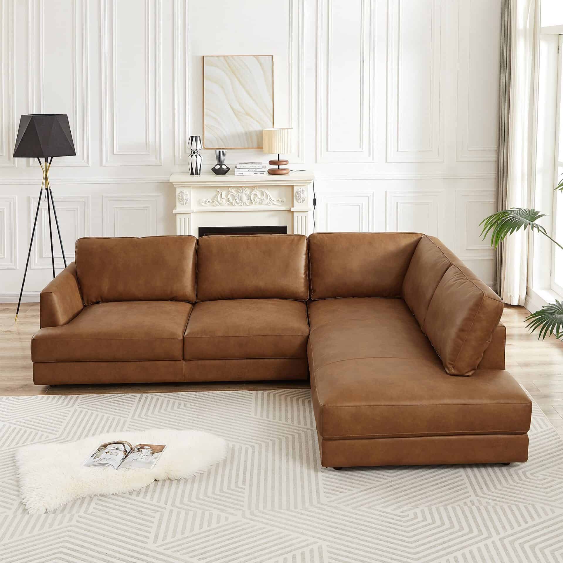 Cognac Leather Pillow Back Right Facing Sectional Sofa 4 Cognac Leather Pillow Back Right Facing Sectional Sofa - Image 4