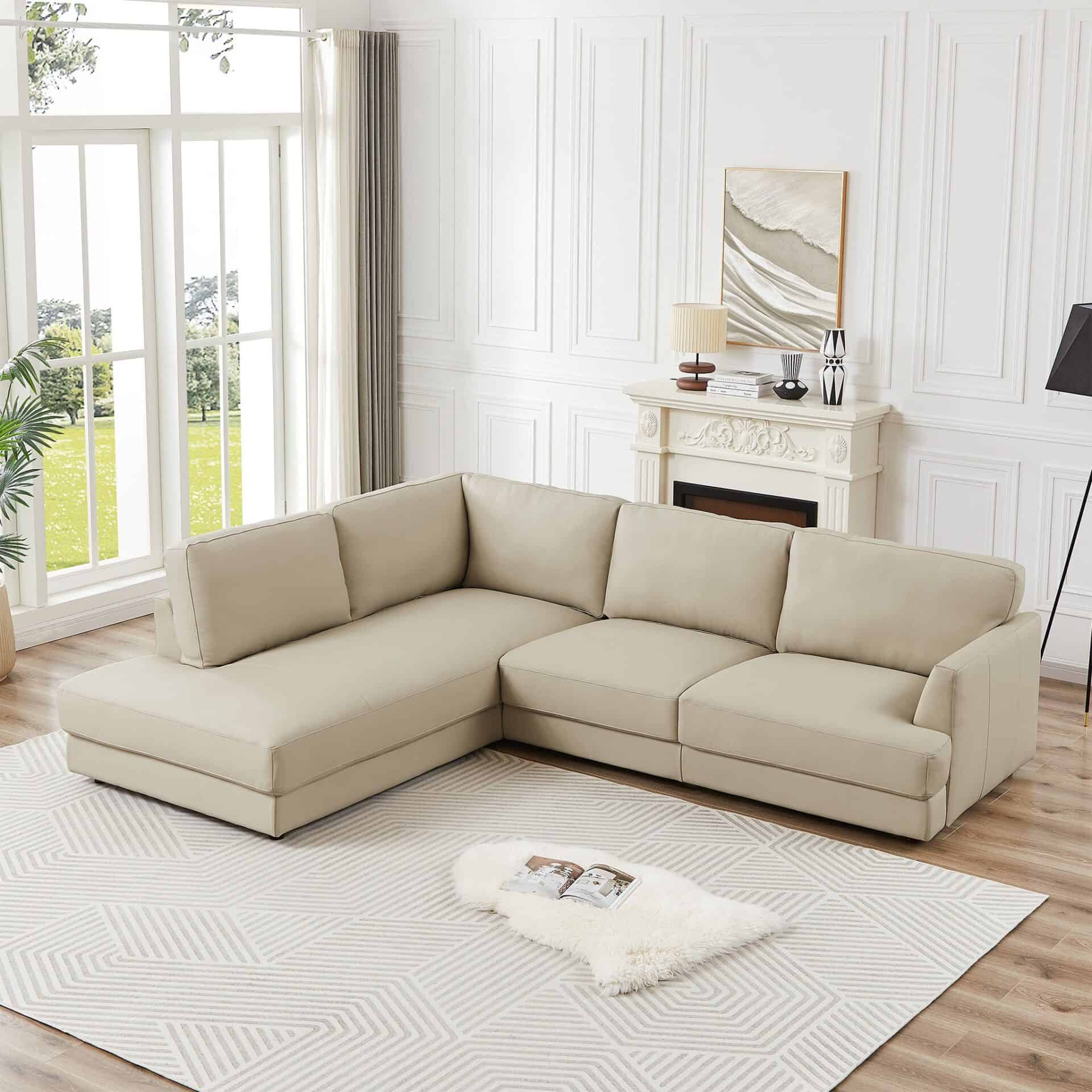 Cream Leather Left-Facing Sectional Sofa with Pillow Back Design 2 Cream Leather Left-Facing Sectional Sofa with Pillow Back Design - Image 2