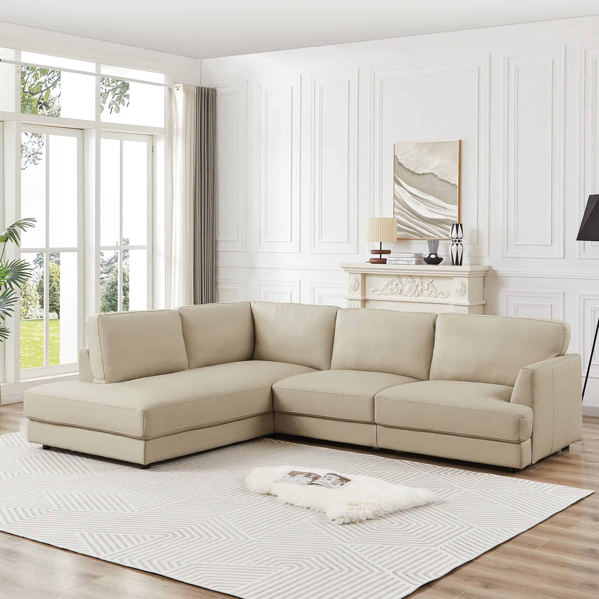 Cream Leather Left-Facing Sectional Sofa with Pillow Back Design 1 Cream Leather Left-Facing Sectional Sofa with Pillow Back Design