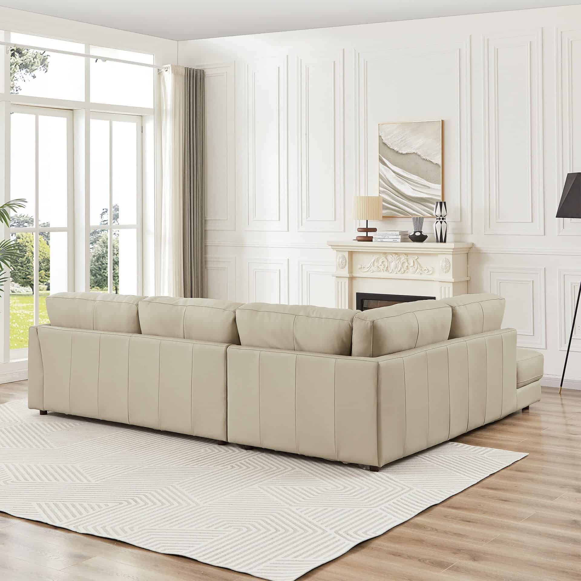 Cream Leather Left-Facing Sectional Sofa with Pillow Back Design 6 Cream Leather Left-Facing Sectional Sofa with Pillow Back Design - Image 6