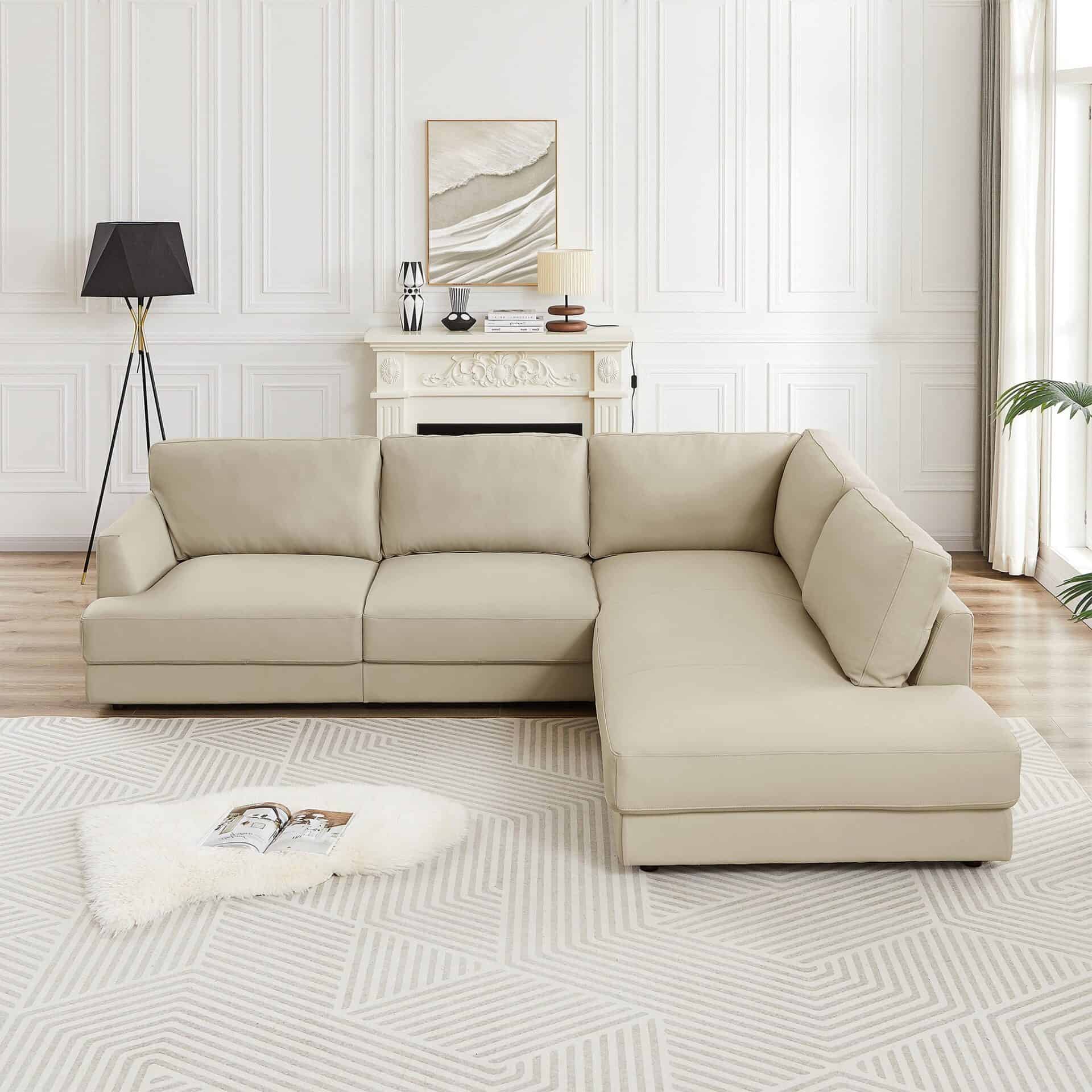 Cream Leather Pillow Back Sectional Sofa Right Facing 2 Cream Leather Pillow Back Sectional Sofa Right Facing - Image 2