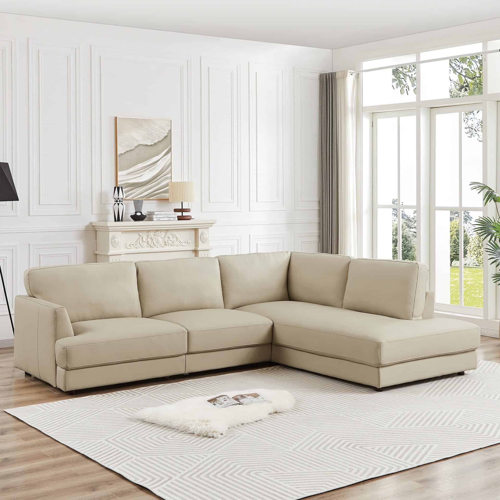 Cream Leather Pillow Back Sectional Sofa Right Facing 1 Cream Leather Pillow Back Sectional Sofa Right Facing