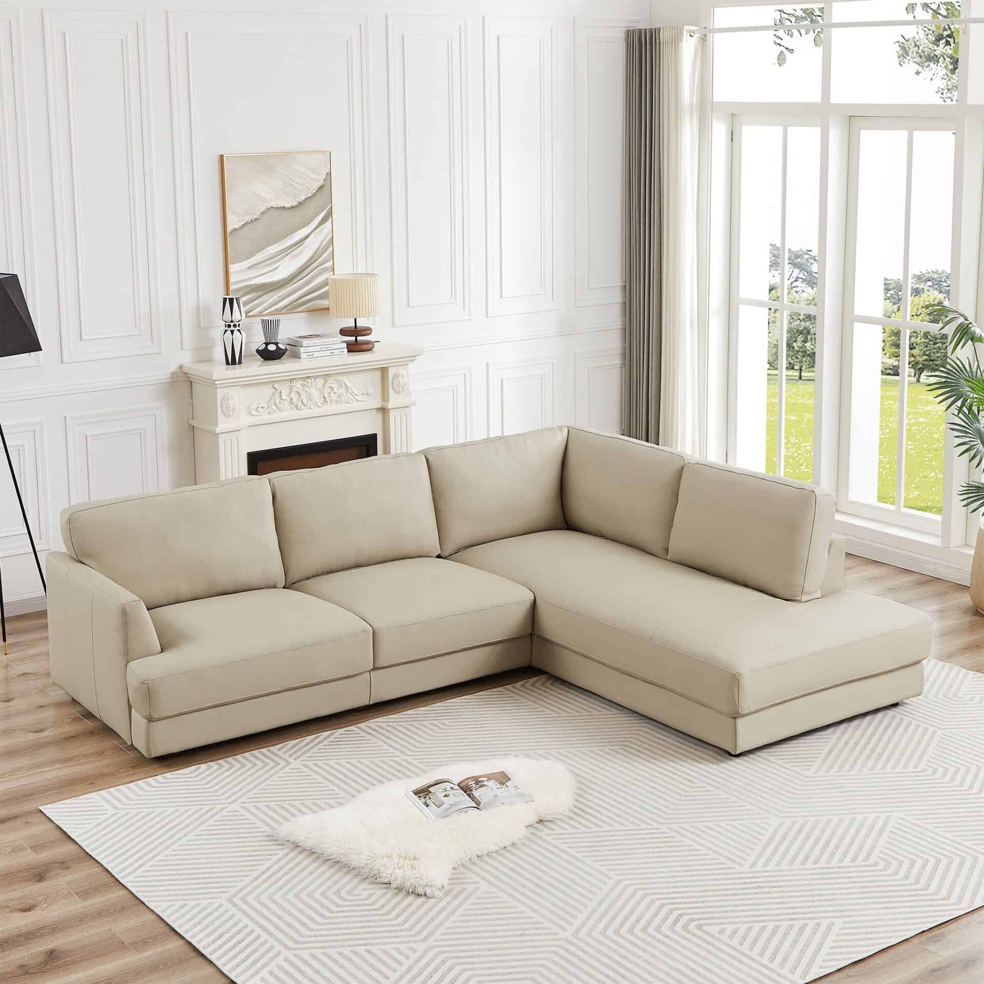 Cream Leather Pillow Back Sectional Sofa Right Facing 3 Cream Leather Pillow Back Sectional Sofa Right Facing - Image 3