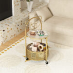 Modern Round Glass Side Table with Storage Basket and Wheels