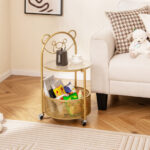 Modern Round Glass Side Table with Storage Basket and Wheels
