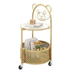 Modern Round Glass Side Table with Storage Basket and Wheels