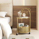 Modern Round Glass Side Table with Storage Basket and Wheels