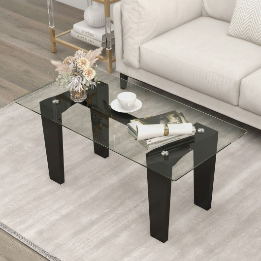 Modern Glass Coffee Table with Rubber Wood Legs Black 7 Modern Glass Coffee Table with Rubber Wood Legs Black - Image 7
