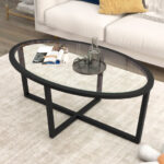 Oval Glass Coffee Table with Acacia Wood Legs Black 8 Oval Glass Coffee Table with Acacia Wood Legs Black