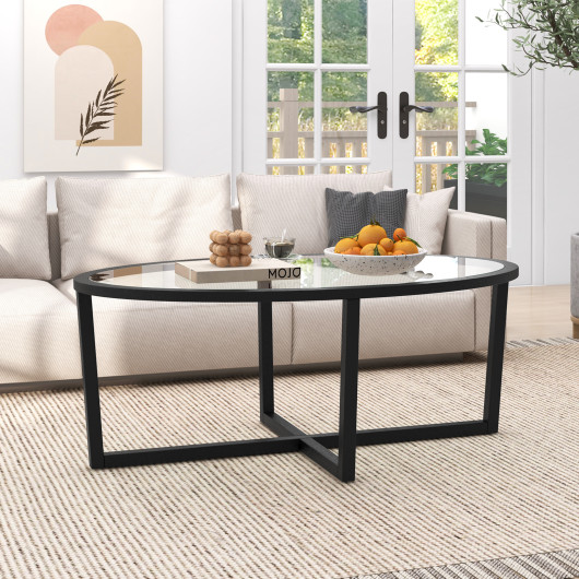 Oval Glass Coffee Table with Acacia Wood Legs Black 2 Oval Glass Coffee Table with Acacia Wood Legs Black - Image 2