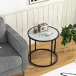 Modern Black Metal Frame End Table with Faux Marble Top