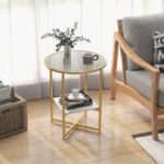 Modern 2-Tier Glass Side Tables with Faux Marble Shelf (Set of 2)