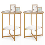 Modern 2-Tier Glass Side Tables with Faux Marble Shelf (Set of 2)