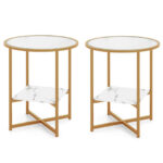 Modern 2-Tier Glass Side Tables with Faux Marble Shelf (Set of 2)