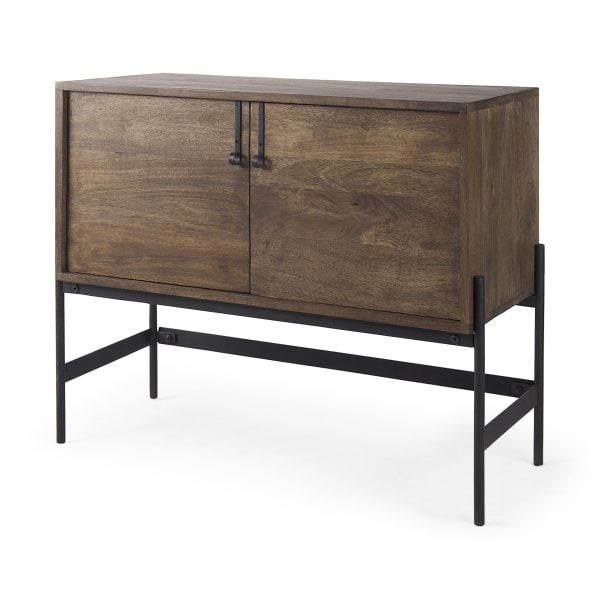 Glenn 38L x 16W x 30H Dark Brown Wood w Black Iron Frame 2 Door Accent Cabinet