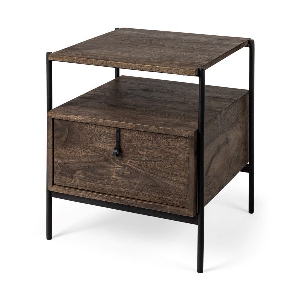 Glenn I 20L x 21W x 24H Dark Brown Wood w Black Iron Frame Square EndSide Table