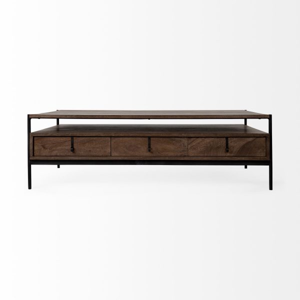 Glenn II 54x30 Dark Brown Wood w Black Iron Frame Rectangle 3 Drawers Coffee Table 5