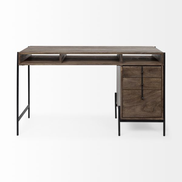 Glenn VII 56L x 22W Dark Brown Wood w Black Iron Frame 3 Drawer Office Desk 4
