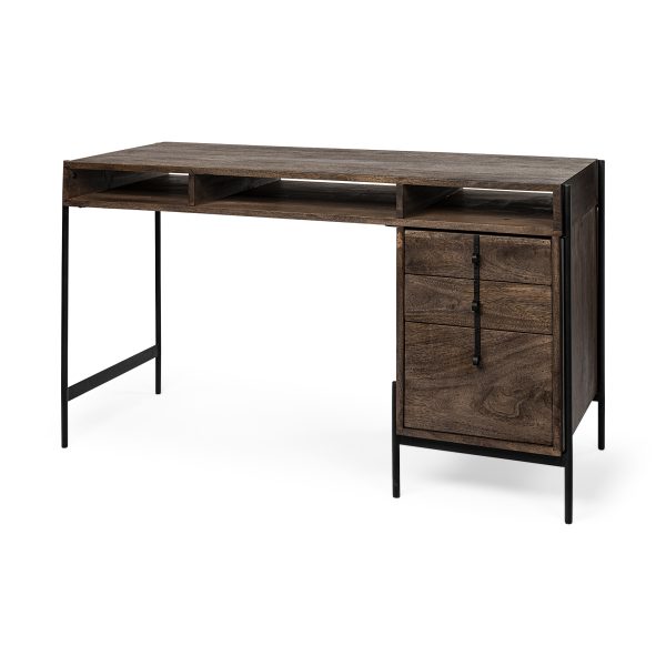 Glenn VII 56L x 22W Dark Brown Wood w Black Iron Frame 3 Drawer Office Desk
