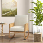 Beige Rocking Chair with Rattan Armrests and Cushioned Seat