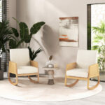 Beige Rocking Chair with Rattan Armrests and Cushioned Seat