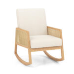 Beige Rocking Chair with Rattan Armrests and Cushioned Seat