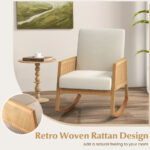 Beige Rocking Chair with Rattan Armrests and Cushioned Seat