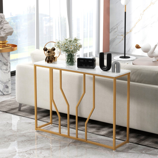 Modern White Console Table with Faux Marble Top and Gold Frame 2 Modern White Console Table with Faux Marble Top and Gold Frame - Image 2