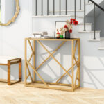Modern Black and Gold Glass Console Table with Metal Frame