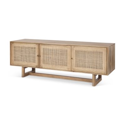 Grier Light Brown Solid Wood and Cane 3 Door Media Console