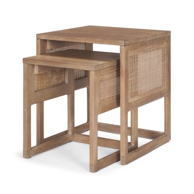 Grier Set of 2 Light Brown Solid Wood w/ Cane Nesting Accent Tables