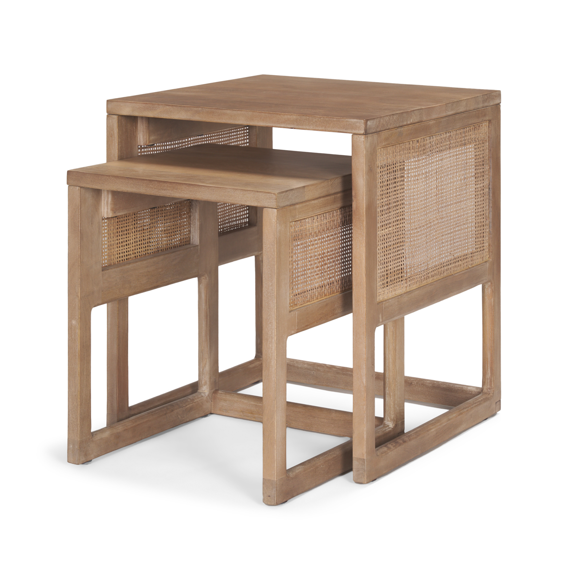 Grier Set of 2 Light Brown Solid Wood w Cane Nesting Accent Tables 13
