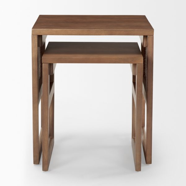 Grier Set of 2 Medium Brown Solid Wood w Cane Nesting Accent Tables 1