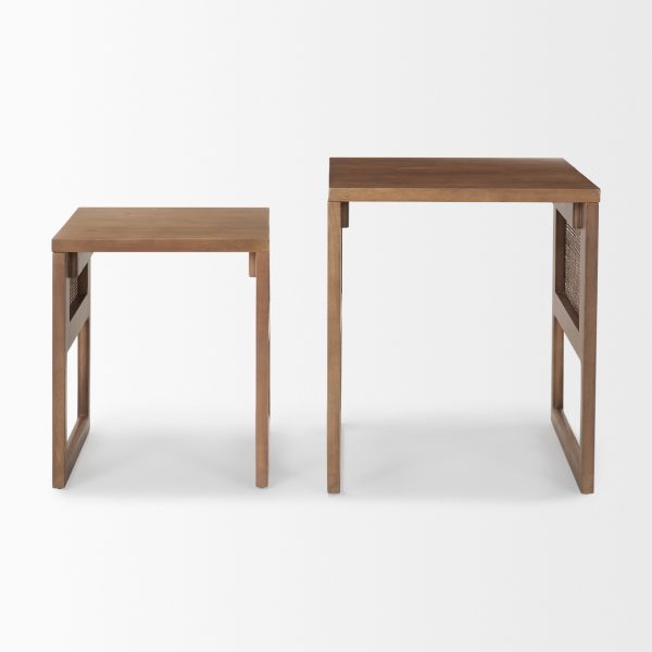 Grier Set of 2 Medium Brown Solid Wood w Cane Nesting Accent Tables 5