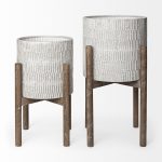 Groot Set of Two 11.8 x 23 Eggshell Ceramic Wooden Base Plant Stands