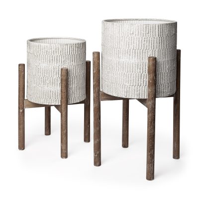 Groot Set of Two 11.8 x 23 Eggshell Ceramic Wooden Base Plant Stands