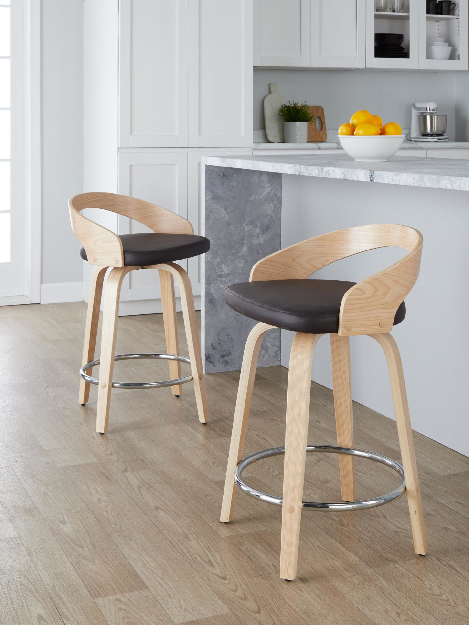 Grotto 24 Brown Faux Leather Contemporary Swivel Stools (Set of 2) 2 Grotto 24 Brown Faux Leather Contemporary Swivel Stools (Set of 2) - Image 2