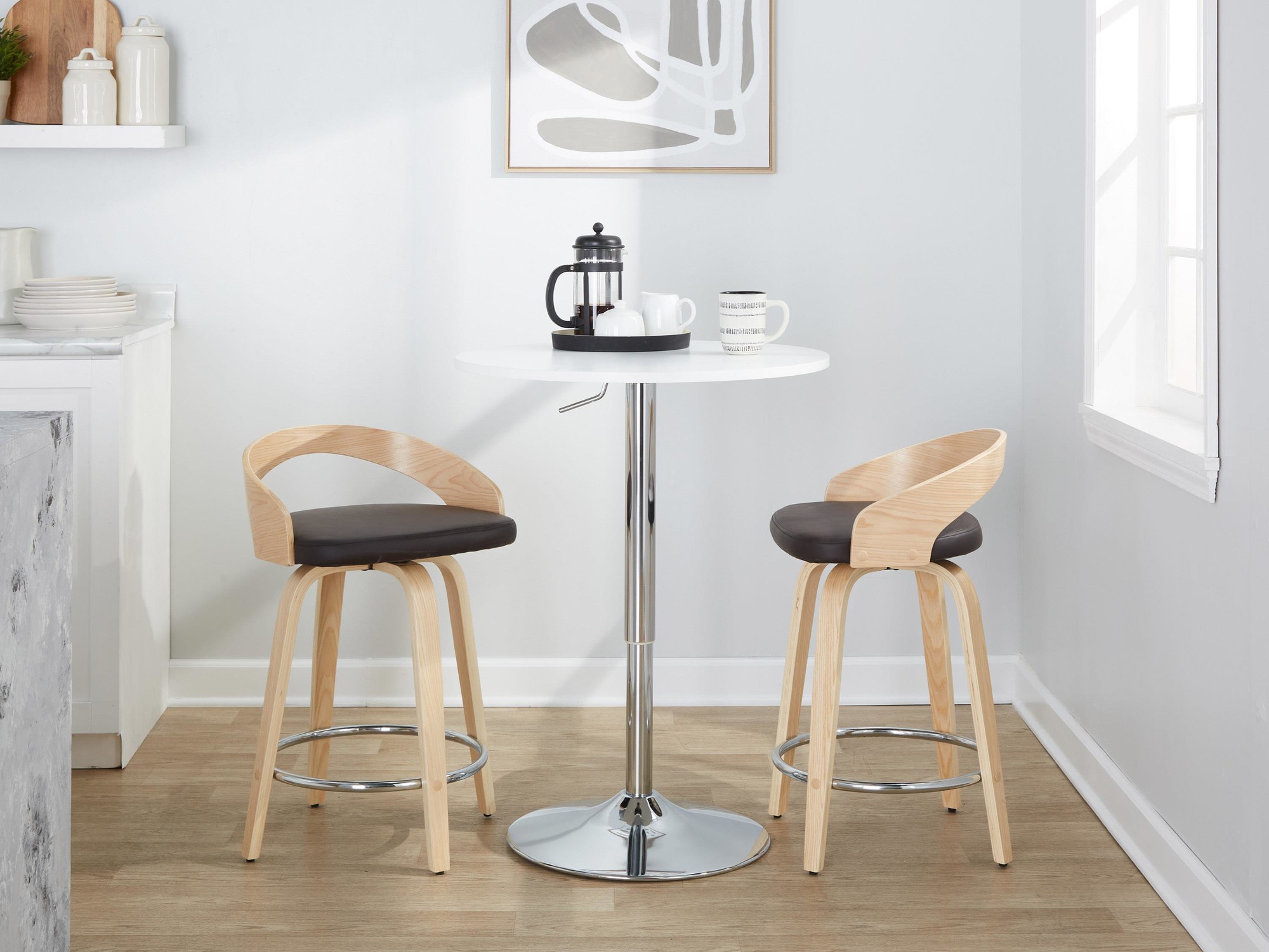 Grotto 24 Brown Faux Leather Contemporary Swivel Stools (Set of 2) 3 Grotto 24 Brown Faux Leather Contemporary Swivel Stools (Set of 2) - Image 3