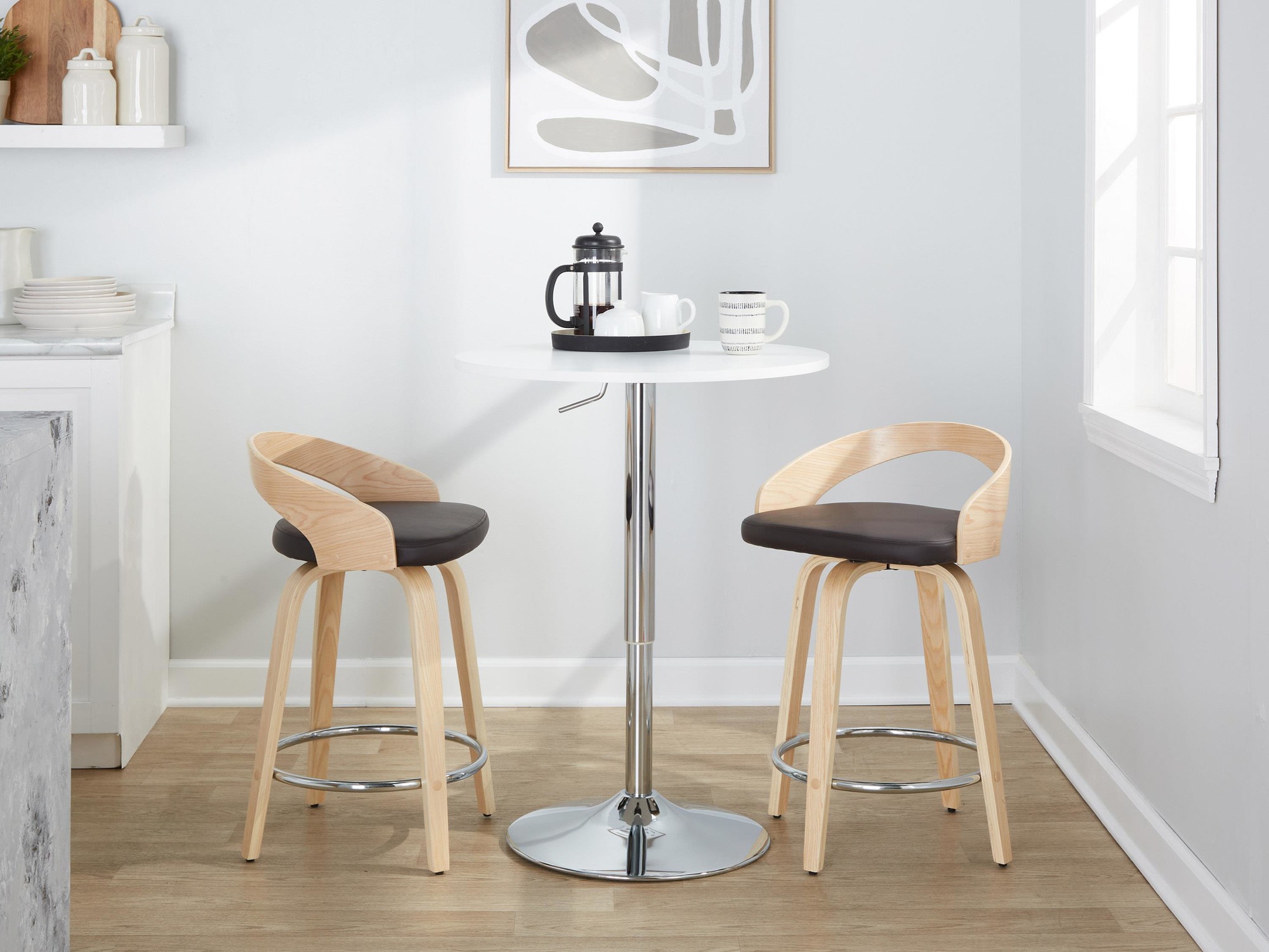 Grotto 24 Brown Faux Leather Contemporary Swivel Stools (Set of 2) 4 Grotto 24 Brown Faux Leather Contemporary Swivel Stools (Set of 2) - Image 4
