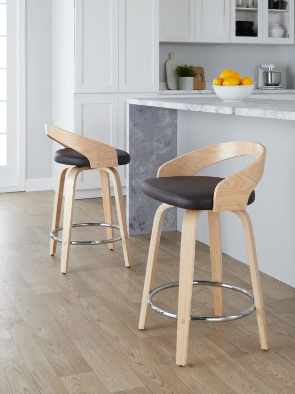 Grotto 24 Brown Faux Leather Contemporary Swivel Stools Set of 2