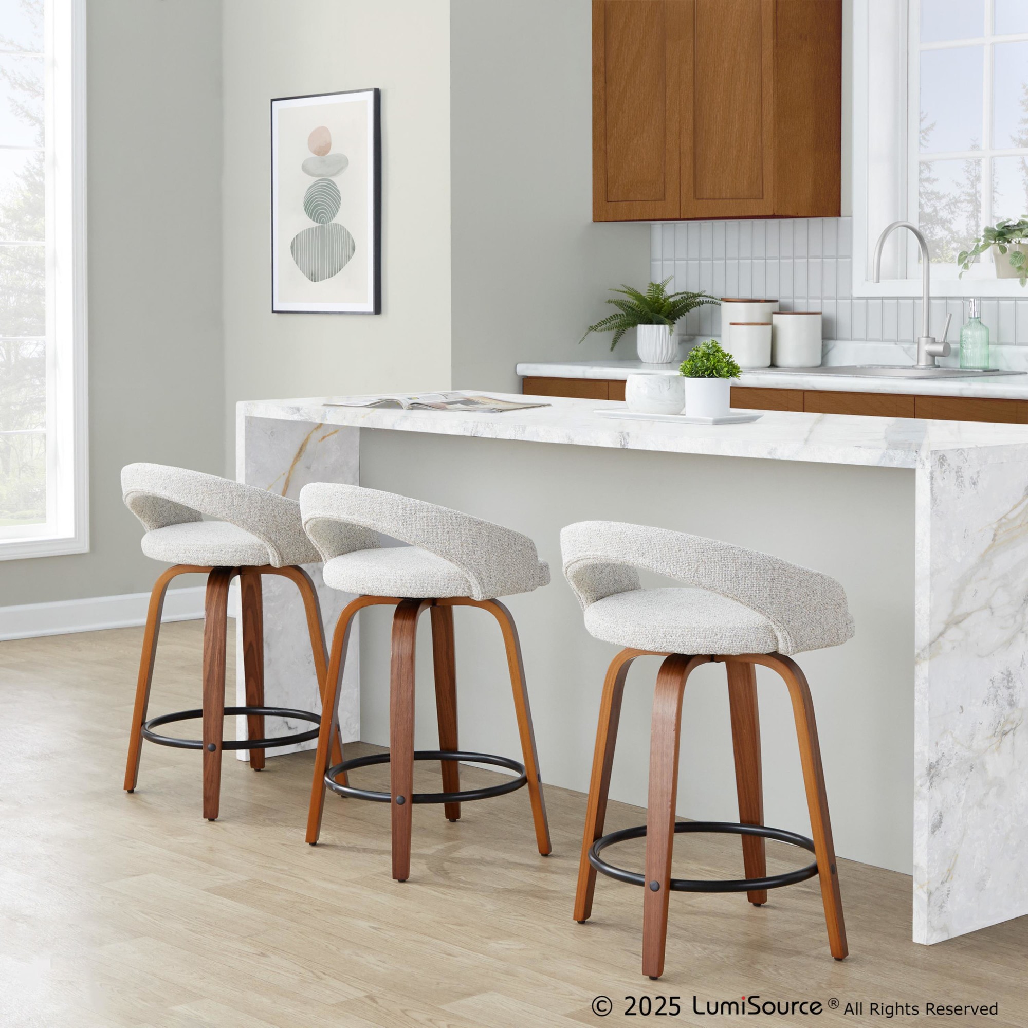 Grotto 24" Contemporary Walnut and Oat Swivel Stools (Set of 2) 2 Grotto 24" Contemporary Walnut and Oat Swivel Stools (Set of 2) - Image 2