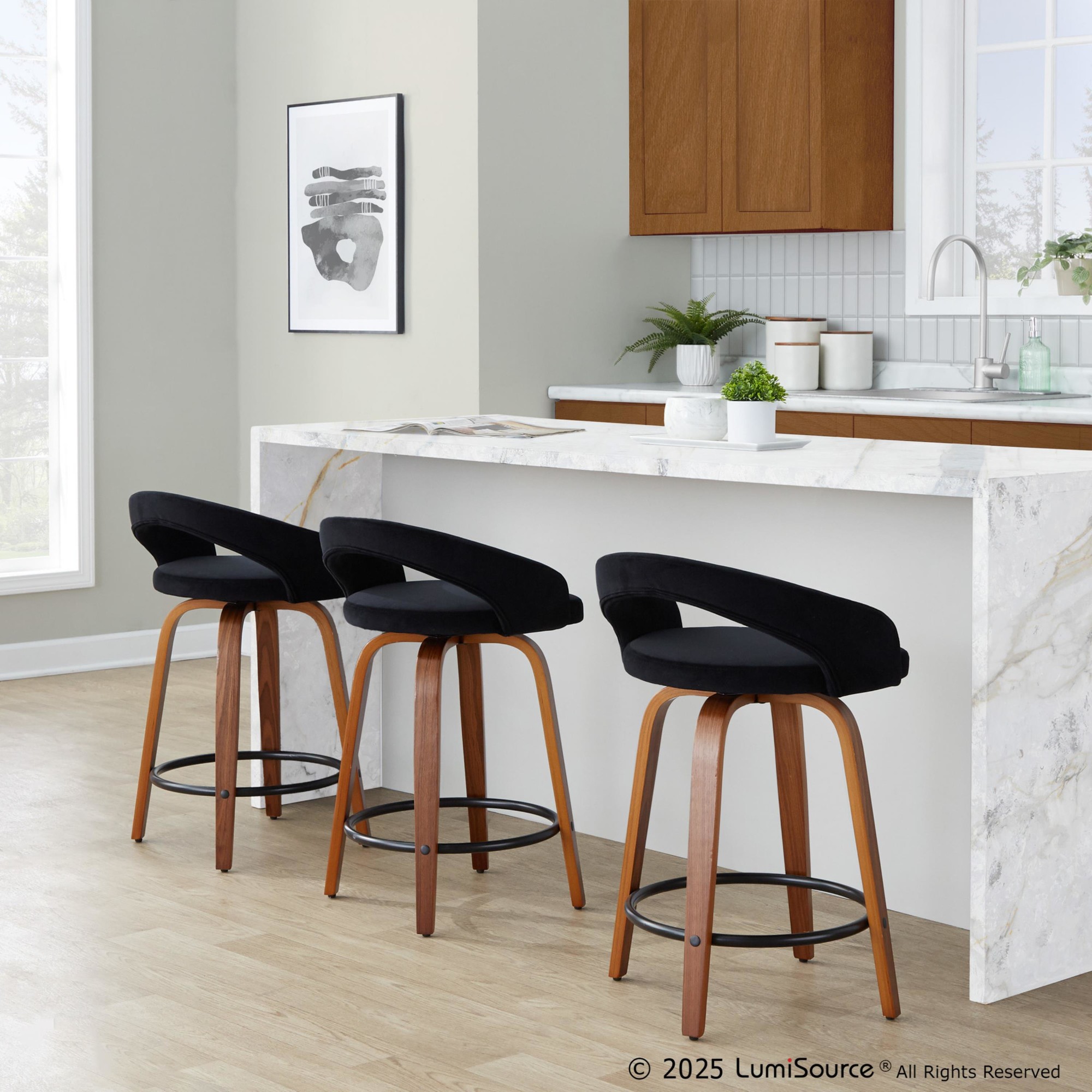 Grotto 24-Inch Black Velvet Contemporary Swivel Counter Stools (Set of 2) 2 Grotto 24-Inch Black Velvet Contemporary Swivel Counter Stools (Set of 2) - Image 2