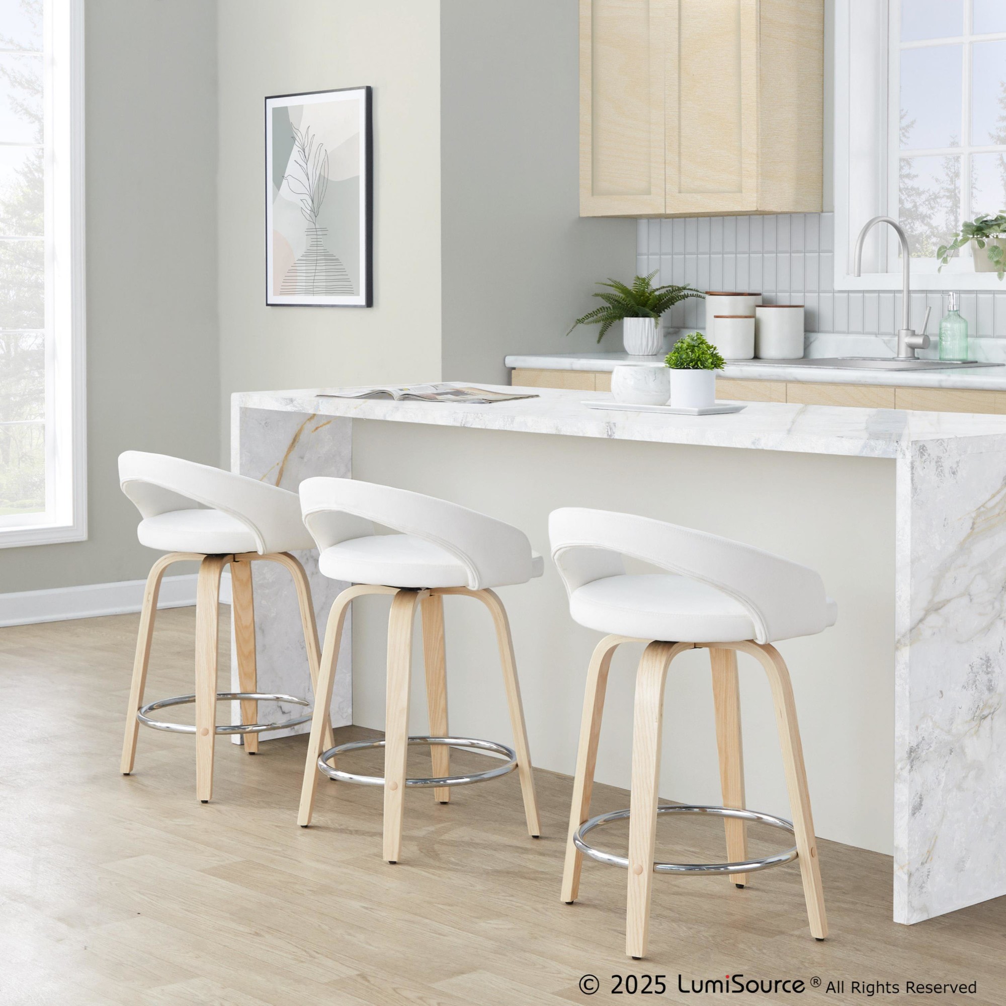 Grotto 24 White Velvet Contemporary Swivel Counter Stools (Set of 2) 2 Grotto 24 White Velvet Contemporary Swivel Counter Stools (Set of 2) - Image 2